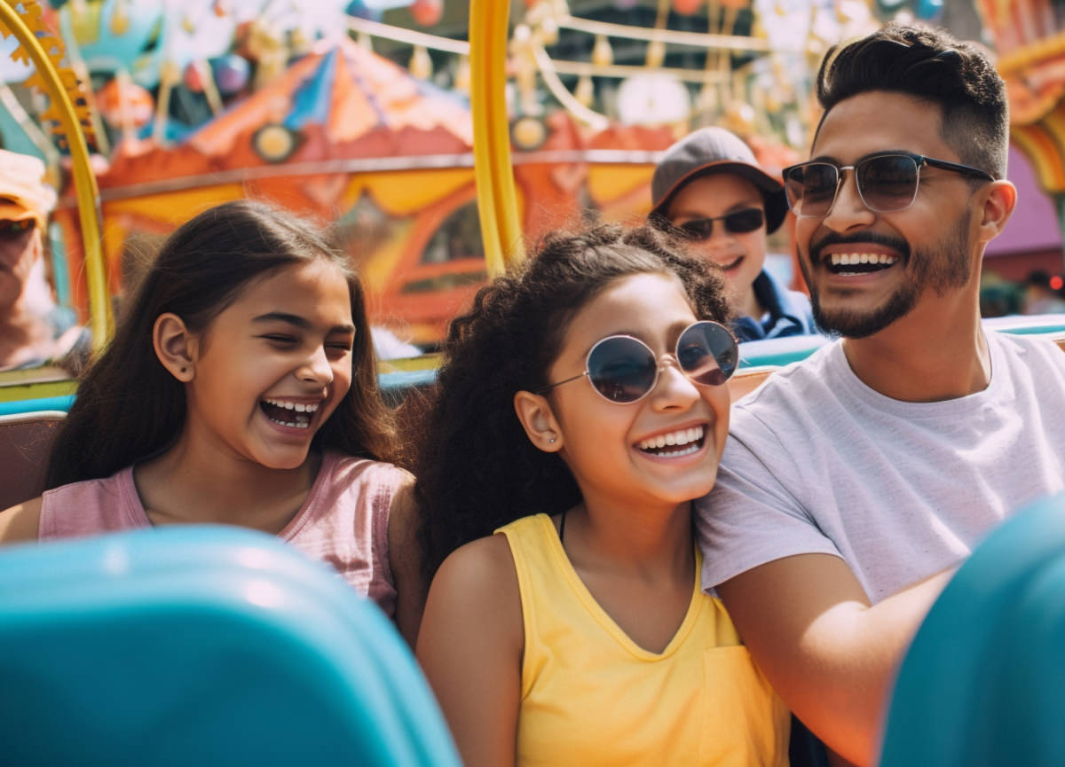 The header hero of the kids activities page with father and children in an amusement park laughing