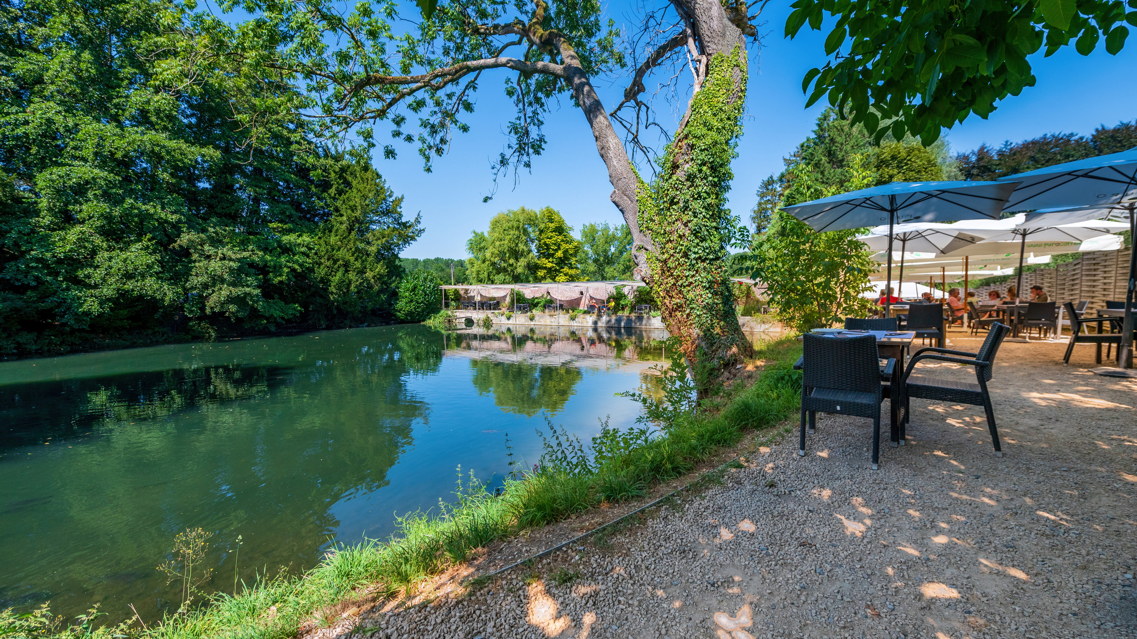 Pond with a cozy terrace where guests can enjoy the food and drinks at their tables