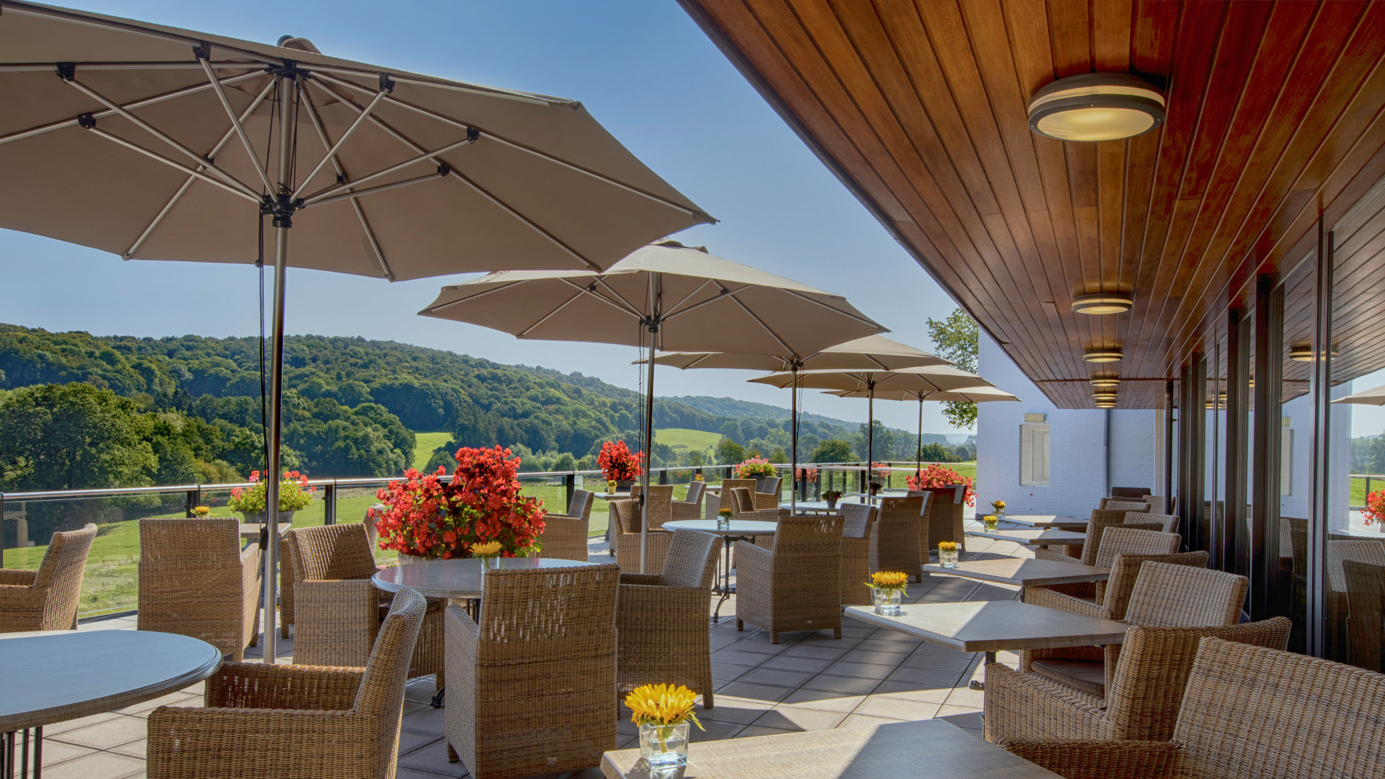 Terrasse fleurie avec un magnifique panorama sur les collines du sud du Limbourg.