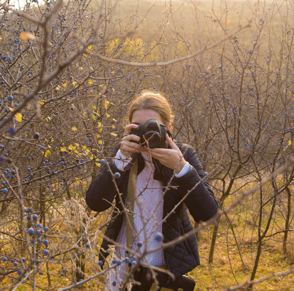 Un photographe masculin prend une photo d'un champ avec des fleurs d'été