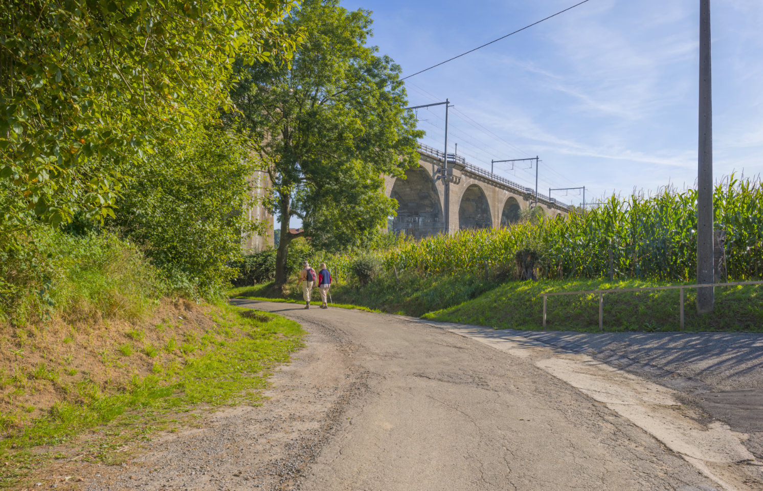 Wandelaar loopt onder spoorviaduct door in de Voerstreek